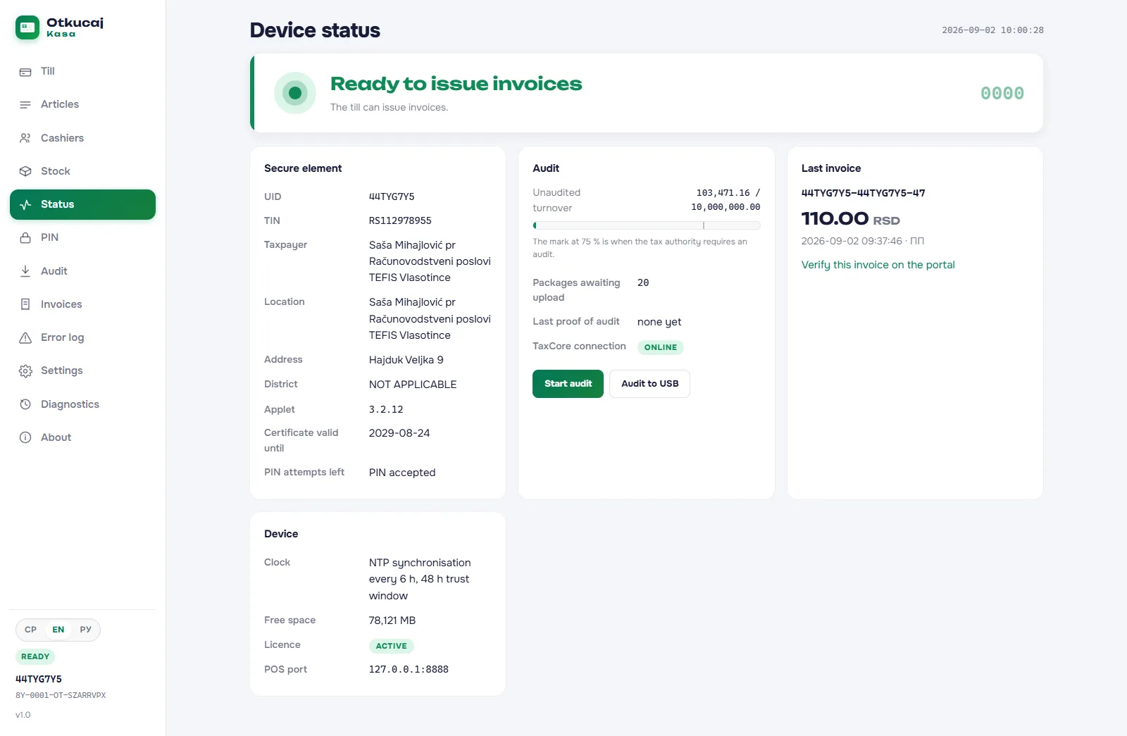 The Otkucaj application window on a PC: the Status screen with the card in the reader, the state Ready for receipts, the last receipt and the audit state