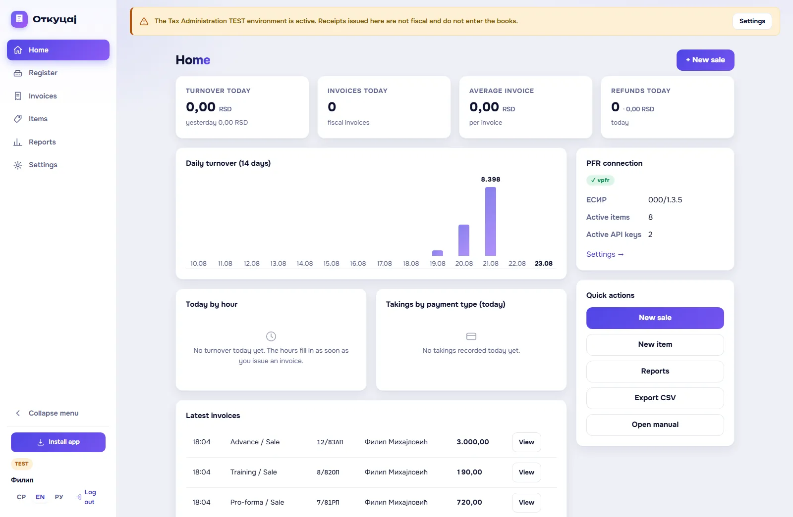 The Otkucaj dashboard: turnover today, turnover by day, PFR connection status and the latest receipts